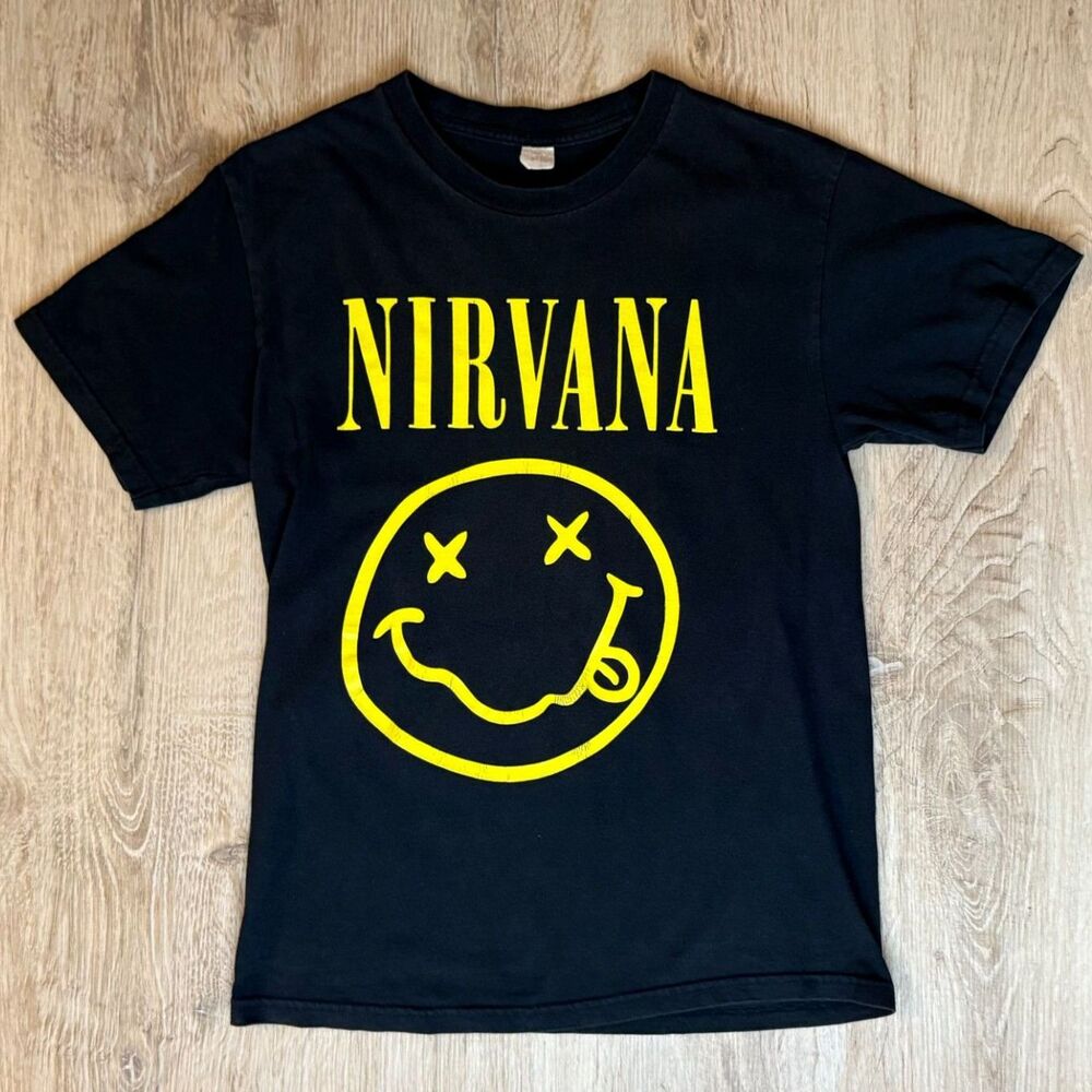 Vtg Mexico Boot Nirvana Smiley Face Logo T-Shirt Black Yellow Grunge Rock Tee